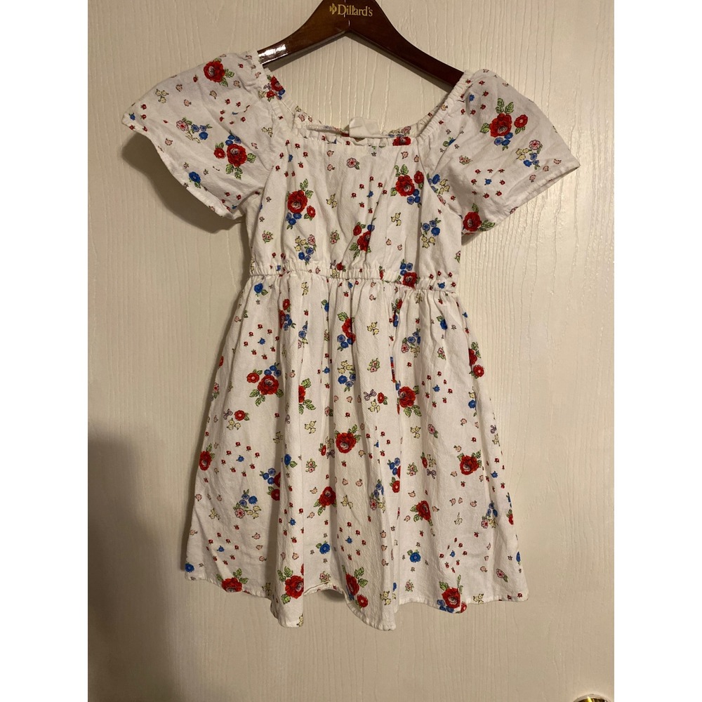 Cotton On Kids Girls White Floral Short Sleeve Dress Size 6 Red Blue Flower 0687